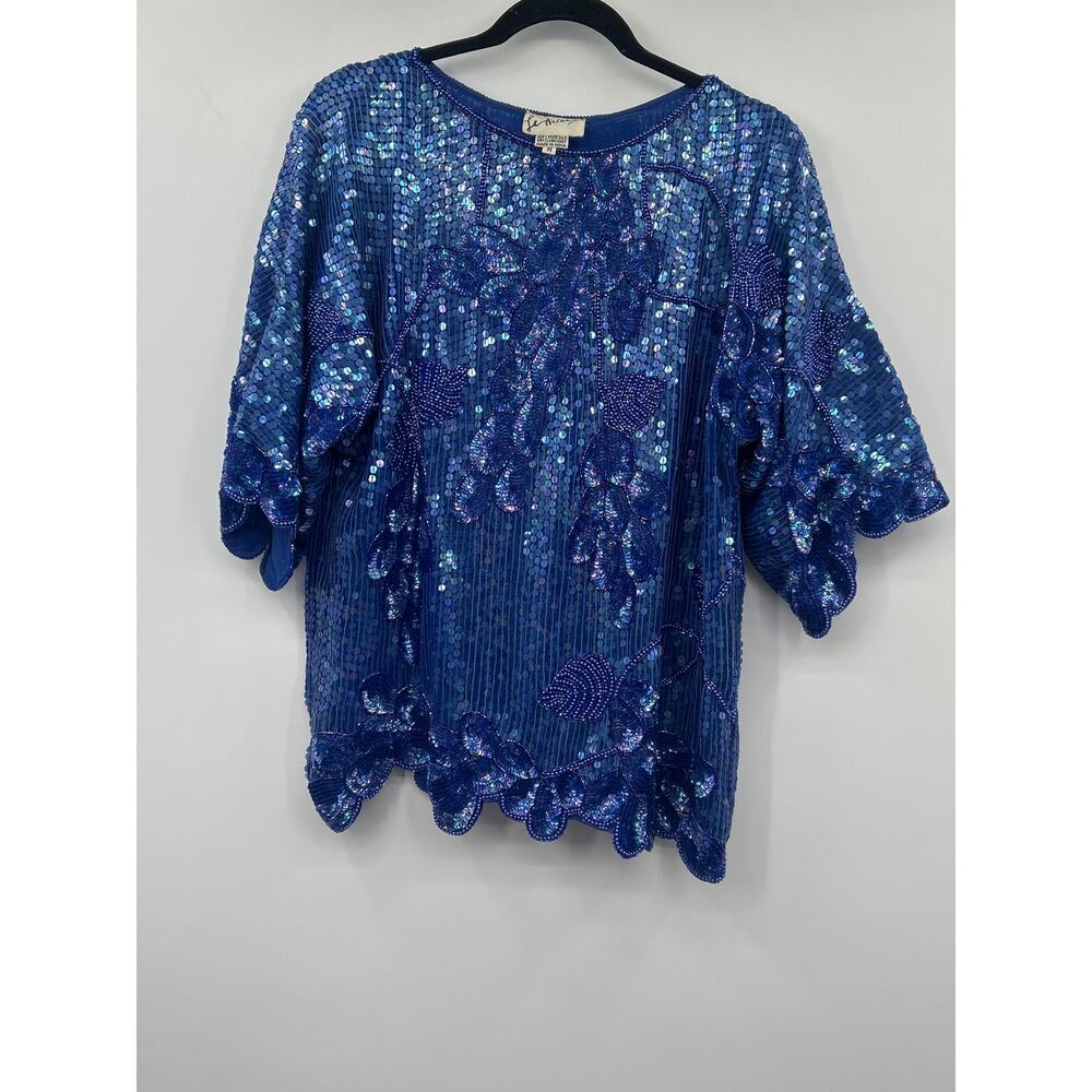 Vintage Silk Beaded Sequin Top Blue Floral India Medium Boho Evening Glam